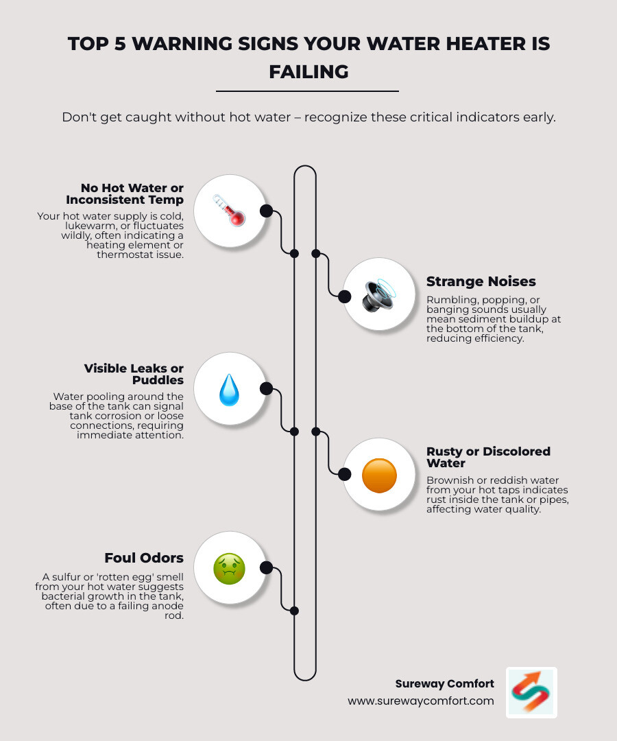 Infographic showing the top 5 warning signs your water heater is failing: no hot water or inconsistent temperature, strange popping or rumbling noises, visible leaks or puddles around the base, rusty or discolored water from taps, and foul sulfur-like odors from hot water - water heater repair bethel park pa infographic infographic-line-5-steps-elegant_beige