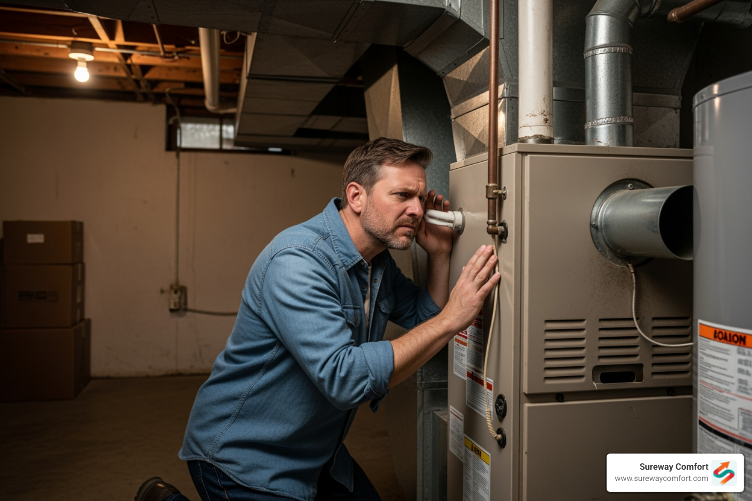 a homeowner listening to a noisy furnace - furnace tune-up bethel park pa a homeowner listening to a noisy furnace - furnace tune-up bethel park pa