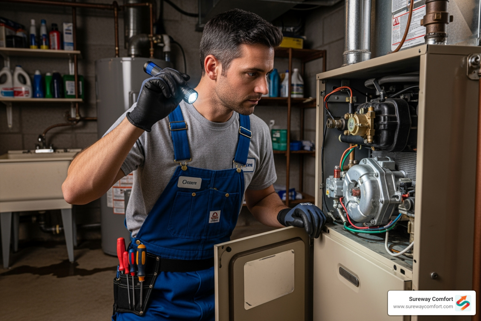 a certified technician inspecting a furnace's internal components - furnace tune-up bethel park pa a certified technician inspecting a furnace's internal components - furnace tune-up bethel park pa