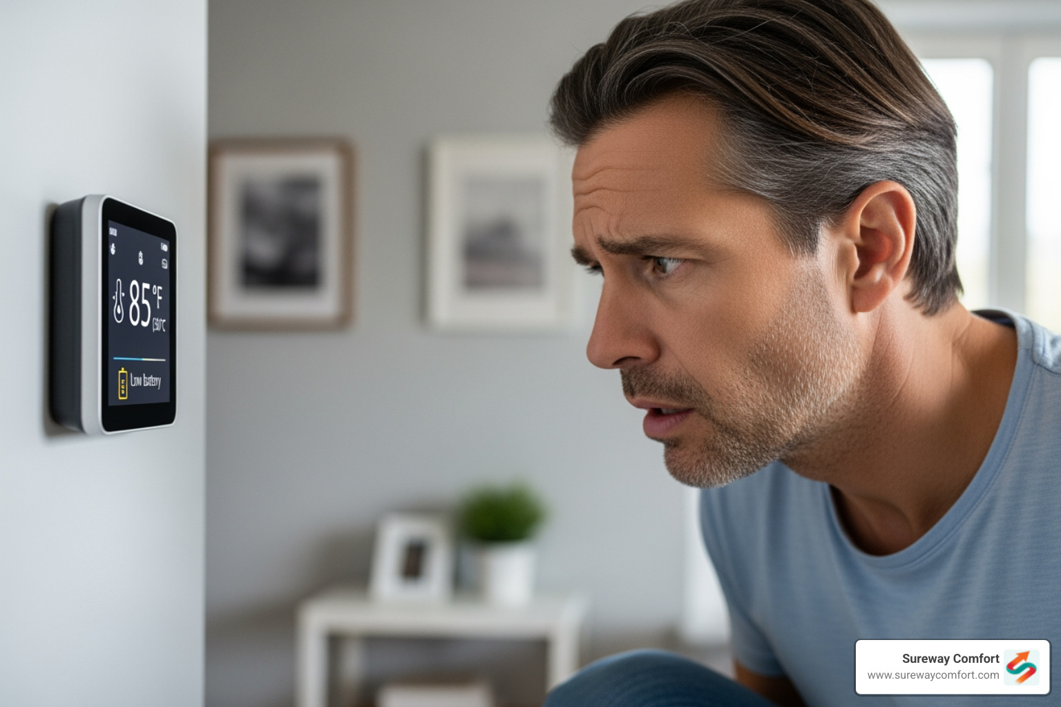 Homeowner looking at thermostat with concerned expression - furnace repair bethel park pa