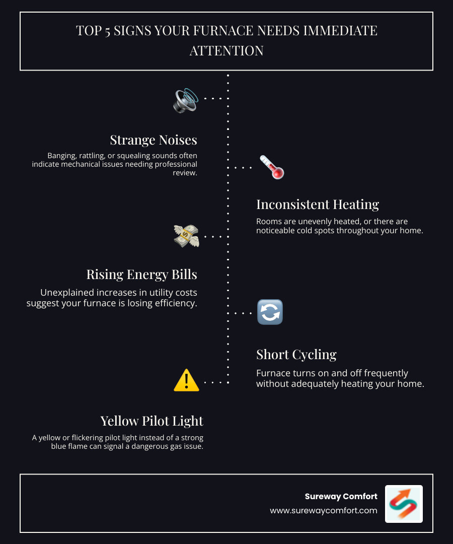 Infographic showing the top 5 signs your furnace needs immediate attention: strange noises like banging or rattling, inconsistent heating with cold spots, unexplained energy bill increases, furnace short cycling on and off frequently, and a yellow pilot light instead of blue - furnace repair bethel park pa infographic infographic-line-5-steps-dark