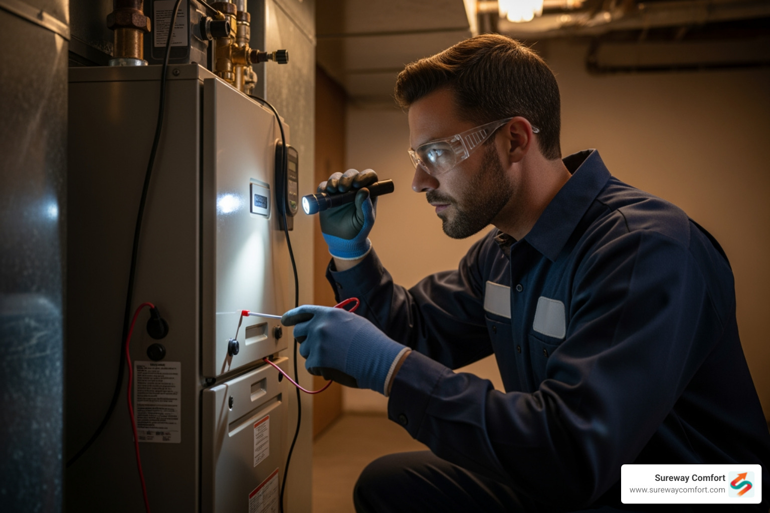 Certified technician safely inspecting a furnace unit - furnace repair bethel park pa