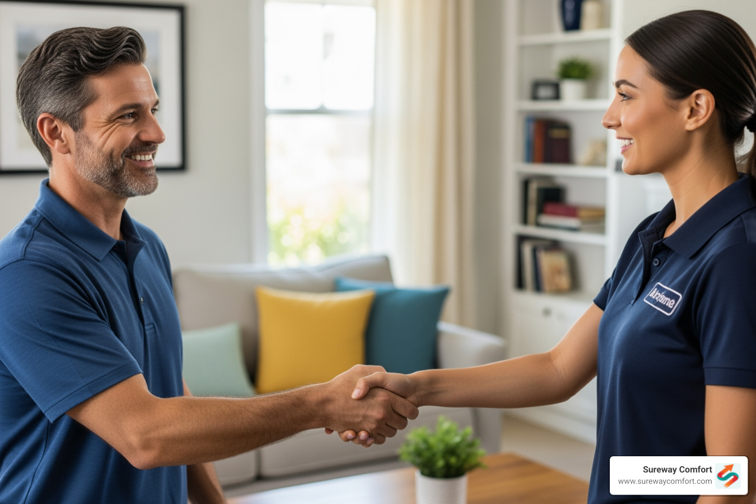 homeowner smiling and shaking hands with a professional technician - Best Water Heater Technician Bethel Park PA