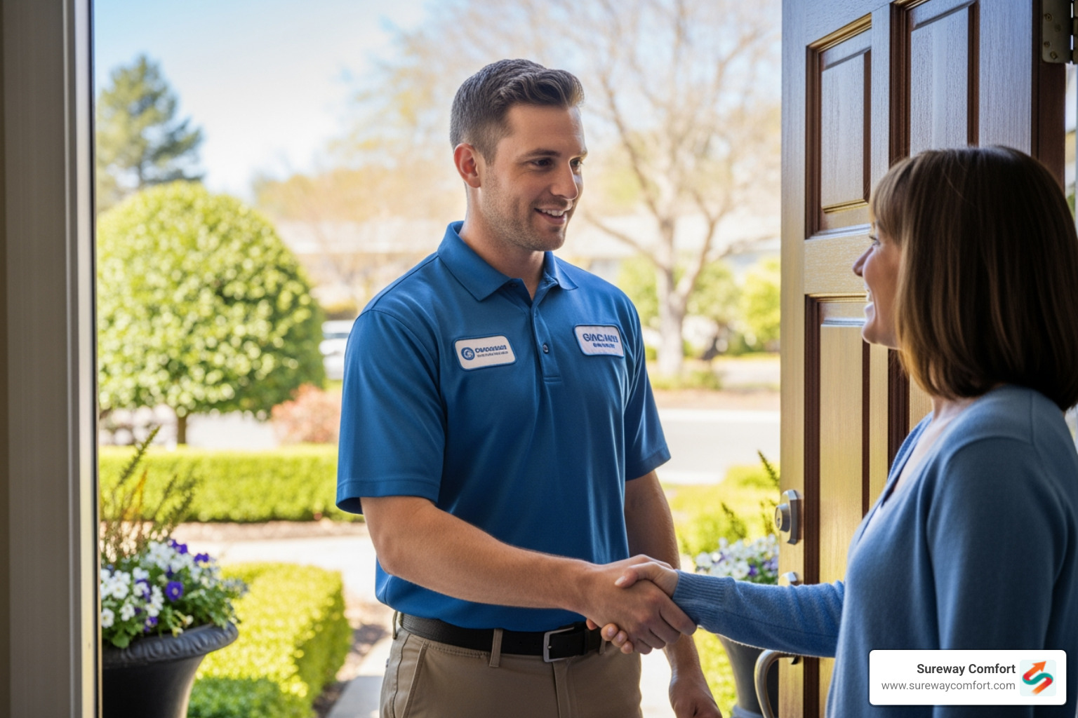 friendly technician shaking hands with smiling homeowner at front door - affordable furnace service bethel park pa friendly technician shaking hands with smiling homeowner at front door - affordable furnace service bethel park pa