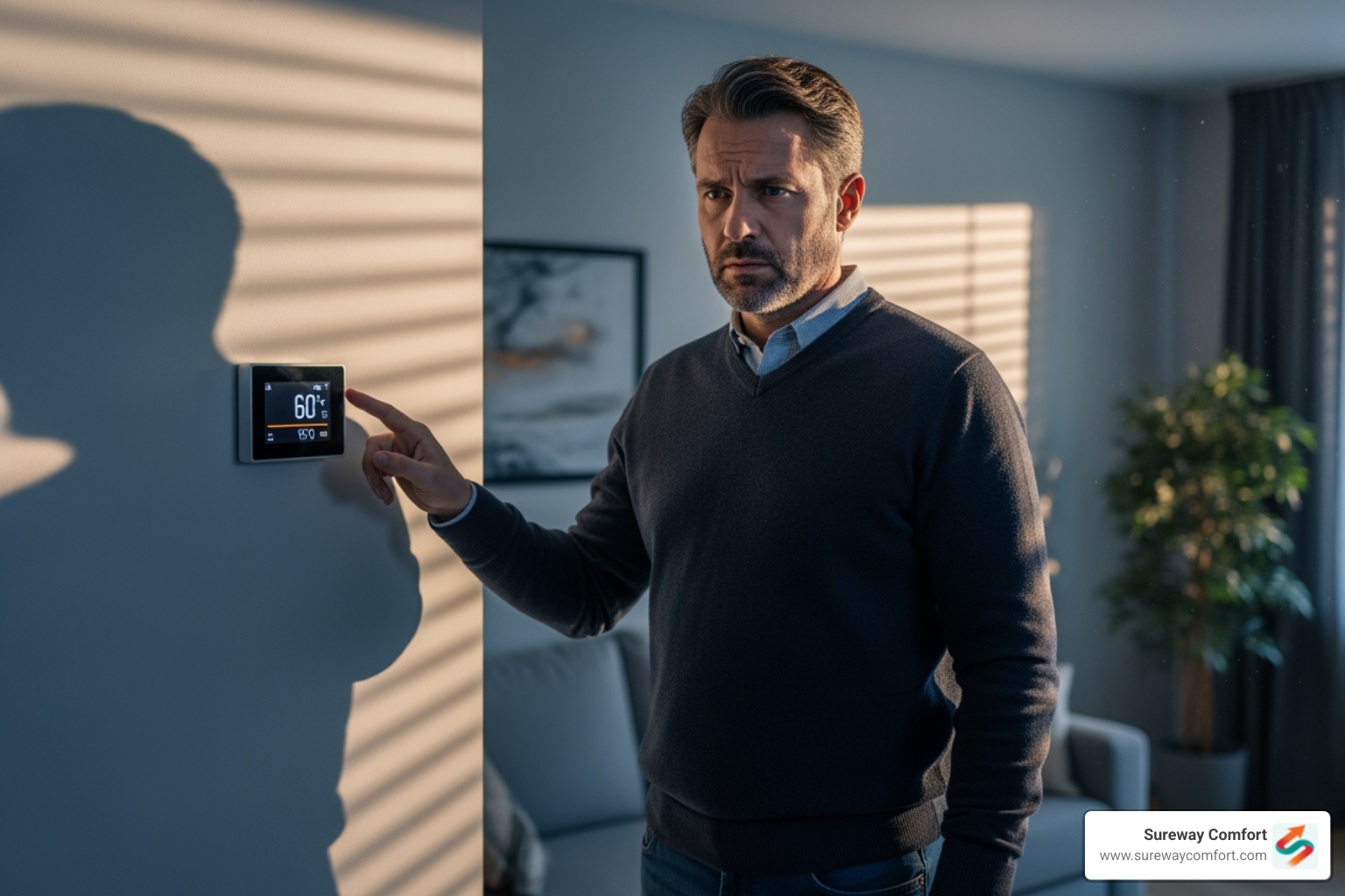 homeowner looking at thermostat with concerned expression - affordable furnace service bethel park pa homeowner looking at thermostat with concerned expression - affordable furnace service bethel park pa