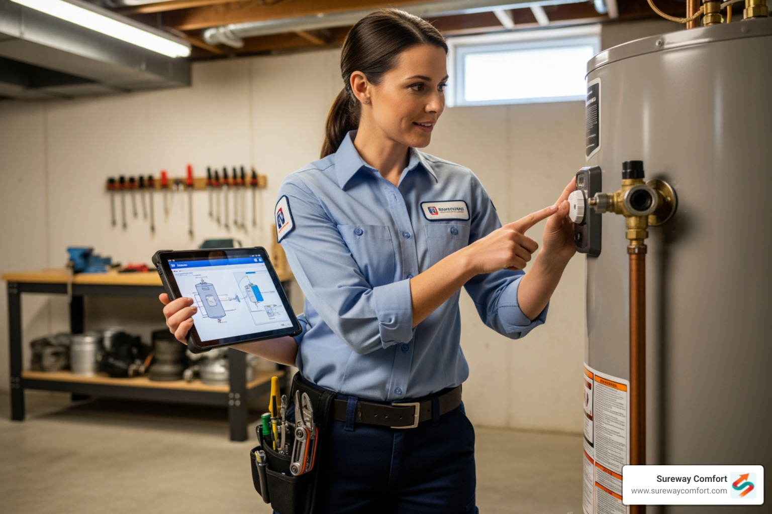 a friendly technician diagnosing a water heater - Emergency Water Heater Repair Bethel Park PA