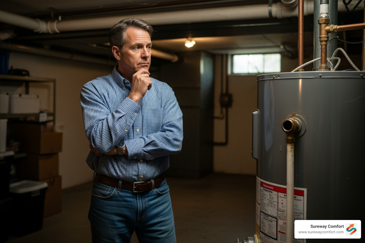 of a homeowner looking thoughtfully at an old water heater - Water Heater Repair Bethel Park PA