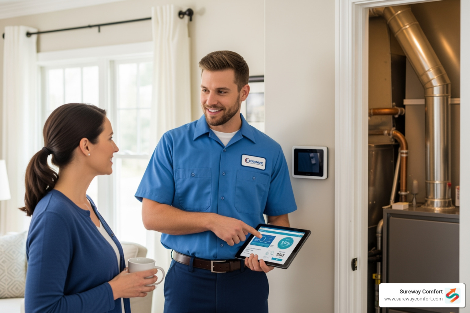 of a friendly technician consulting with a homeowner - professional boiler replacement bridgeville pa
