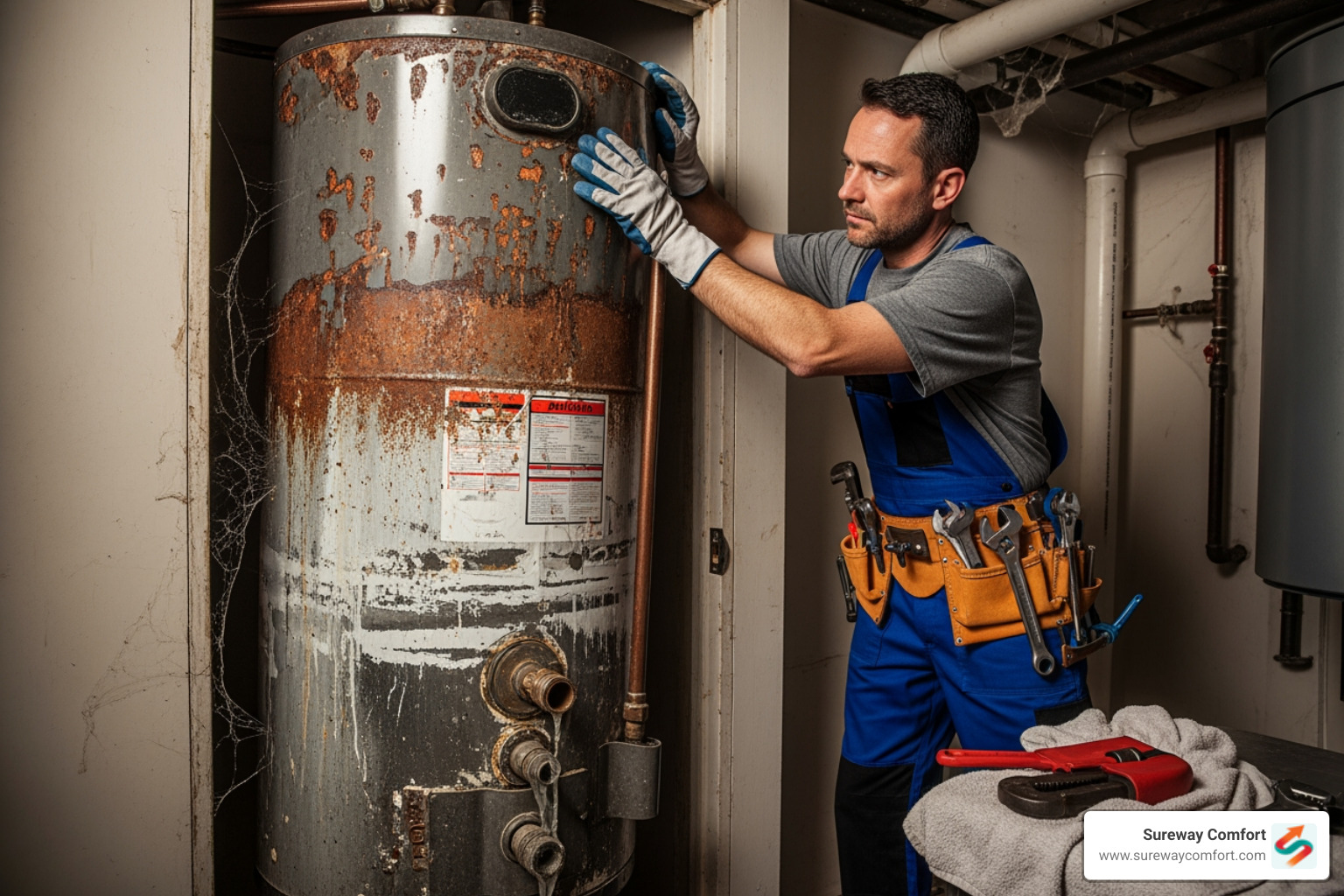 image of a corroded, old water heater being removed - Water Heater Service Bethel Park PA