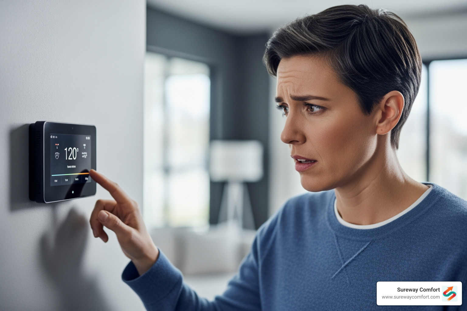 Homeowner looking at their thermostat with concern - Furnace Repair Near Me Bethel Park PA