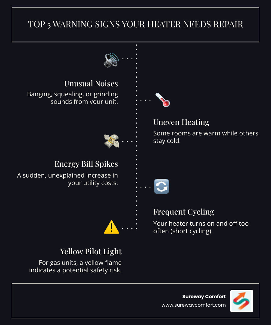 infographic showing top 5 warning signs your heater needs repair: 1. unusual noises like banging or squealing, 2. uneven heating between rooms, 3. sudden increase in energy bills, 4. frequent on-off cycling, 5. yellow pilot light instead of blue - Heating Repair Bethel Park PA infographic infographic-line-5-steps-dark
