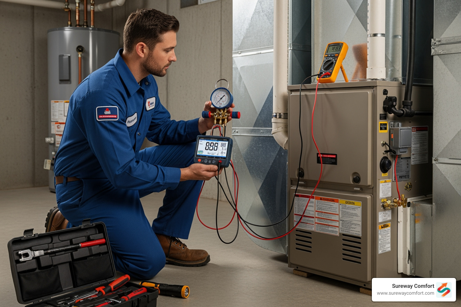 HVAC technician diagnosing a furnace with tools - Heating Repair Bethel Park PA