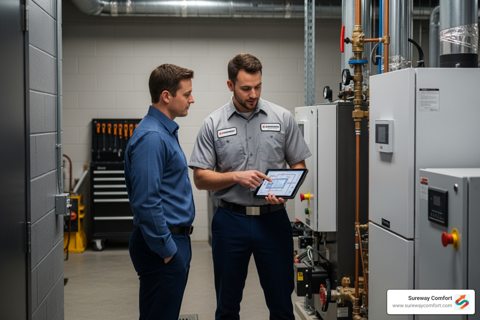 Technician discussing boiler options with a business owner - commercial boiler installation bethel park pa Technician discussing boiler options with a business owner - commercial boiler installation bethel park pa