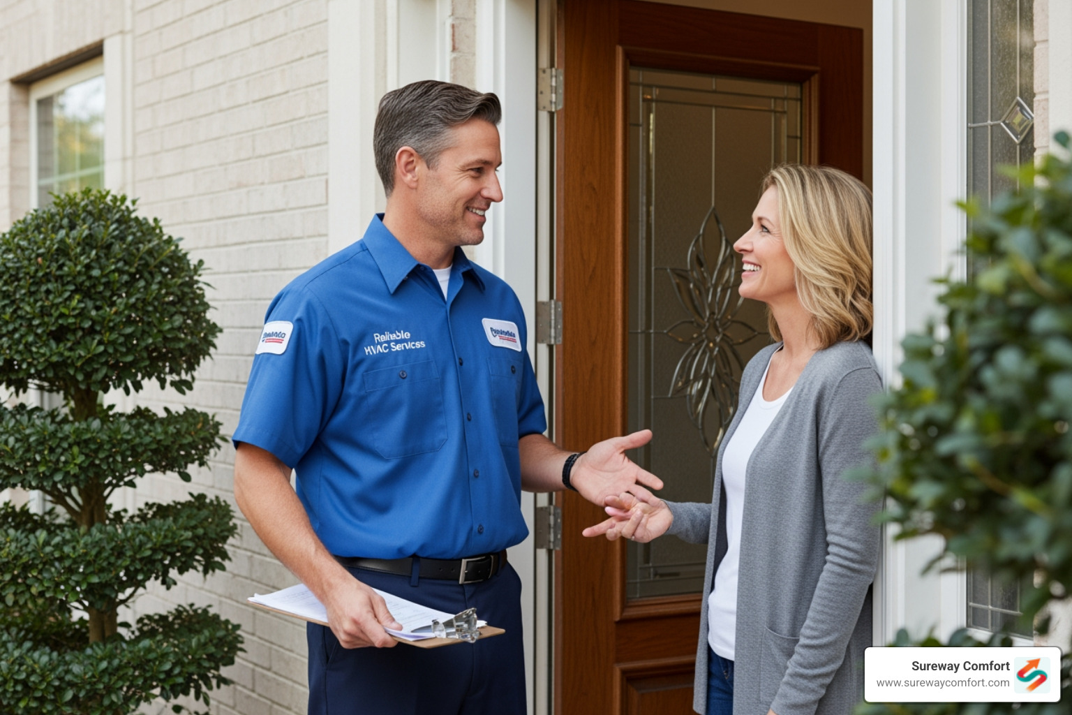A friendly HVAC technician in uniform talking to a homeowner at their front door, holding a clipboard and smiling, suggesting a professional and approachable service interaction. - Furnace Repair Bethel Park PA A friendly HVAC technician in uniform talking to a homeowner at their front door, holding a clipboard and smiling, suggesting a professional and approachable service interaction. - Furnace Repair Bethel Park PA
