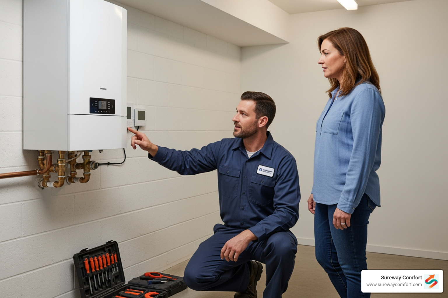 friendly, uniformed technician explaining a new boiler's thermostat to a homeowner - best boiler replacement bridgeville pa