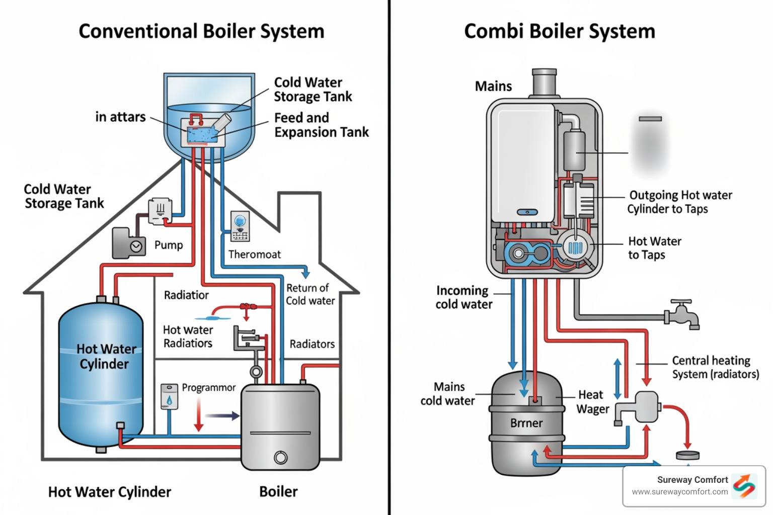 diagram comparing a conventional boiler setup to a compact combi boiler - best boiler replacement bridgeville pa