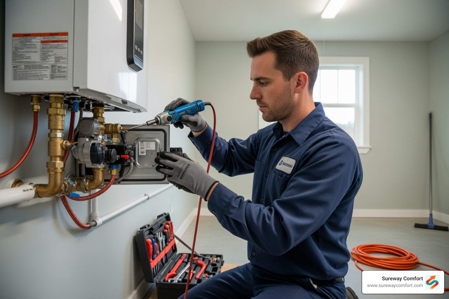 A skilled technician professionally servicing a tankless water heater unit, demonstrating expertise and precision. - Reliable Tankless Water Heater Repair Bethel Park PA A skilled technician professionally servicing a tankless water heater unit, demonstrating expertise and precision. - Reliable Tankless Water Heater Repair Bethel Park PA