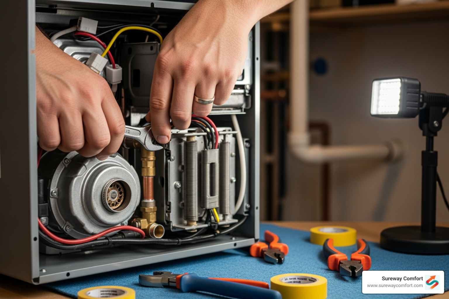 A close-up shot of a plumber's hands working on the internal components of a tankless water heater, with tools laid out. - Reliable Tankless Water Heater Repair Bethel Park PA A close-up shot of a plumber's hands working on the internal components of a tankless water heater, with tools laid out. - Reliable Tankless Water Heater Repair Bethel Park PA