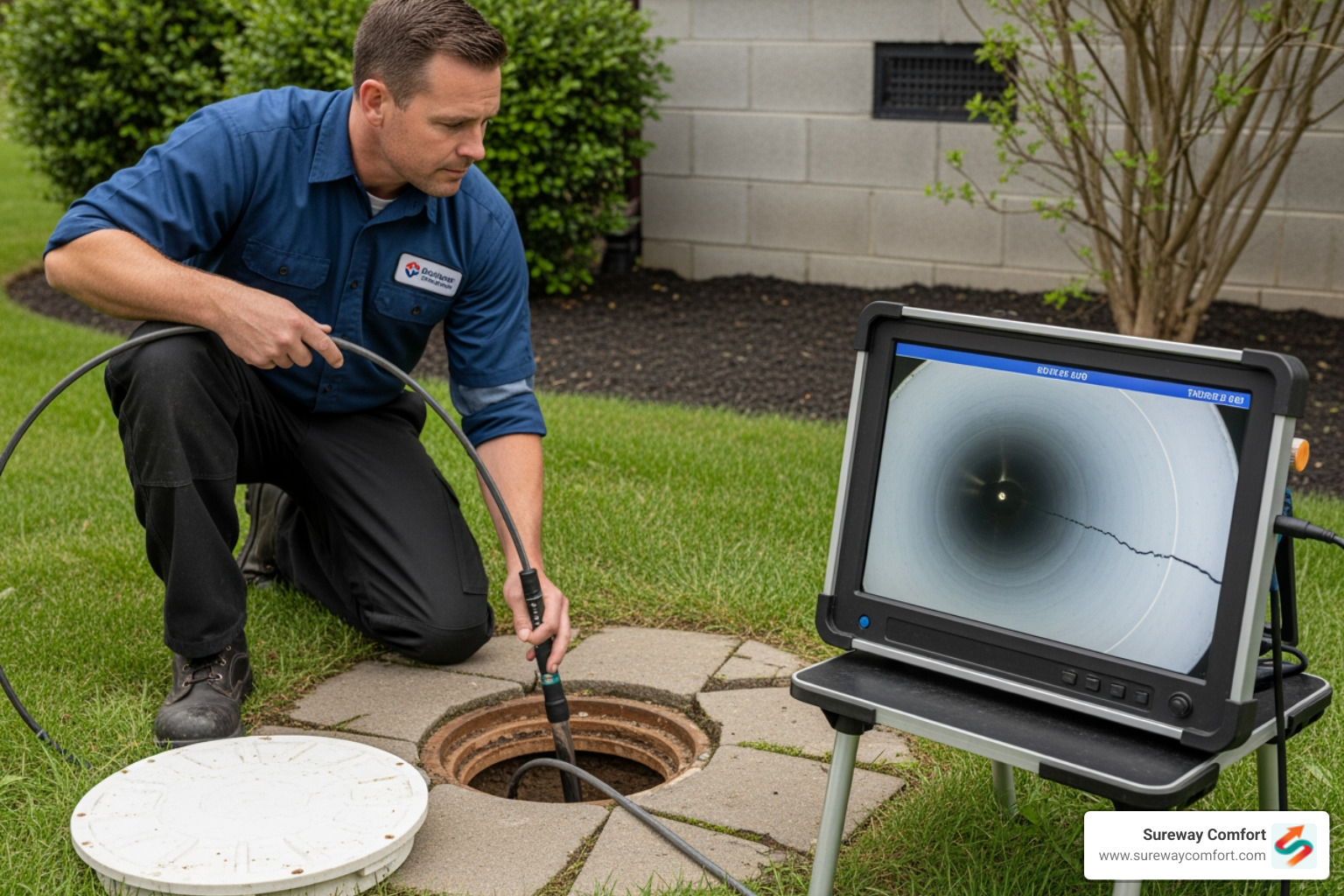 A professional plumber using a video inspection camera for a sewer line - main line clogged A professional plumber using a video inspection camera for a sewer line - main line clogged