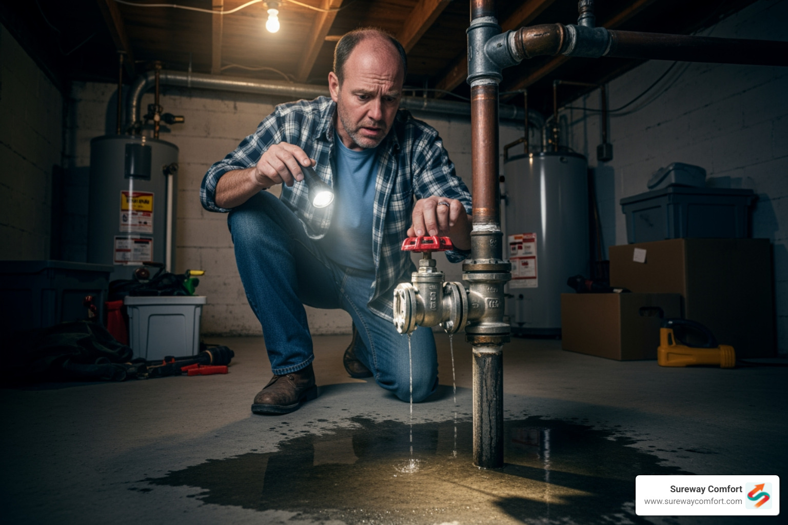 Homeowner looking at their main water shut-off valve - main line clogged Homeowner looking at their main water shut-off valve - main line clogged