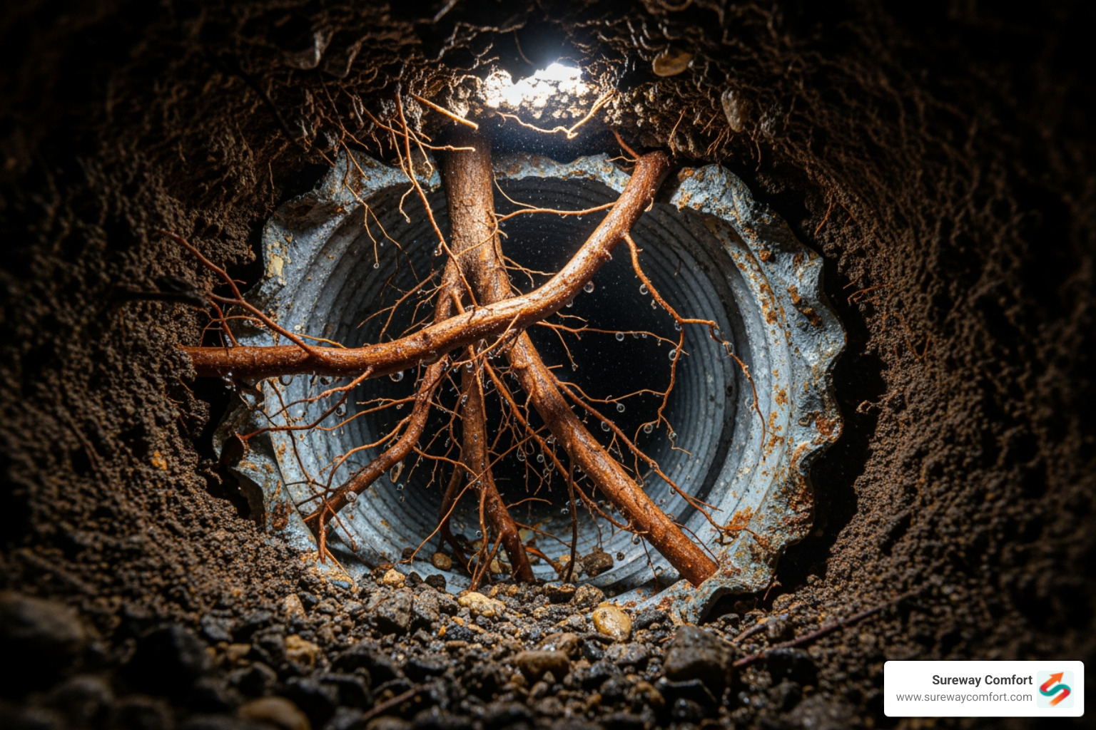 Tree roots growing into a damaged sewer pipe - main line clogged Tree roots growing into a damaged sewer pipe - main line clogged