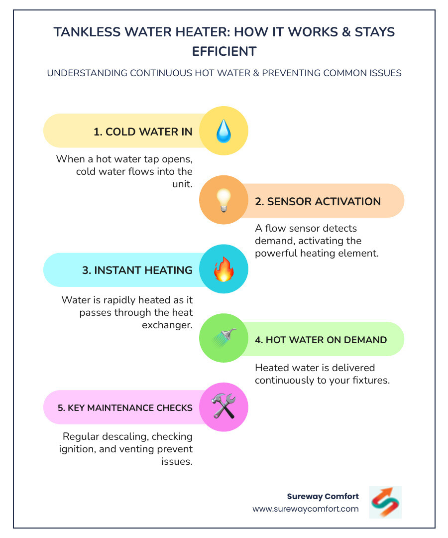 infographic showing tankless water heater operation with cold water entering, heating element activating on demand, and hot water flowing to fixtures, plus common repair needs like descaling mineral buildup, replacing flow sensors, checking ignition systems, and inspecting venting - Tankless Water Heater Repair Bethel Park PA infographic infographic-line-5-steps-colors infographic showing tankless water heater operation with cold water entering, heating element activating on demand, and hot water flowing to fixtures, plus common repair needs like descaling mineral buildup, replacing flow sensors, checking ignition systems, and inspecting venting - Tankless Water Heater Repair Bethel Park PA infographic infographic-line-5-steps-colors