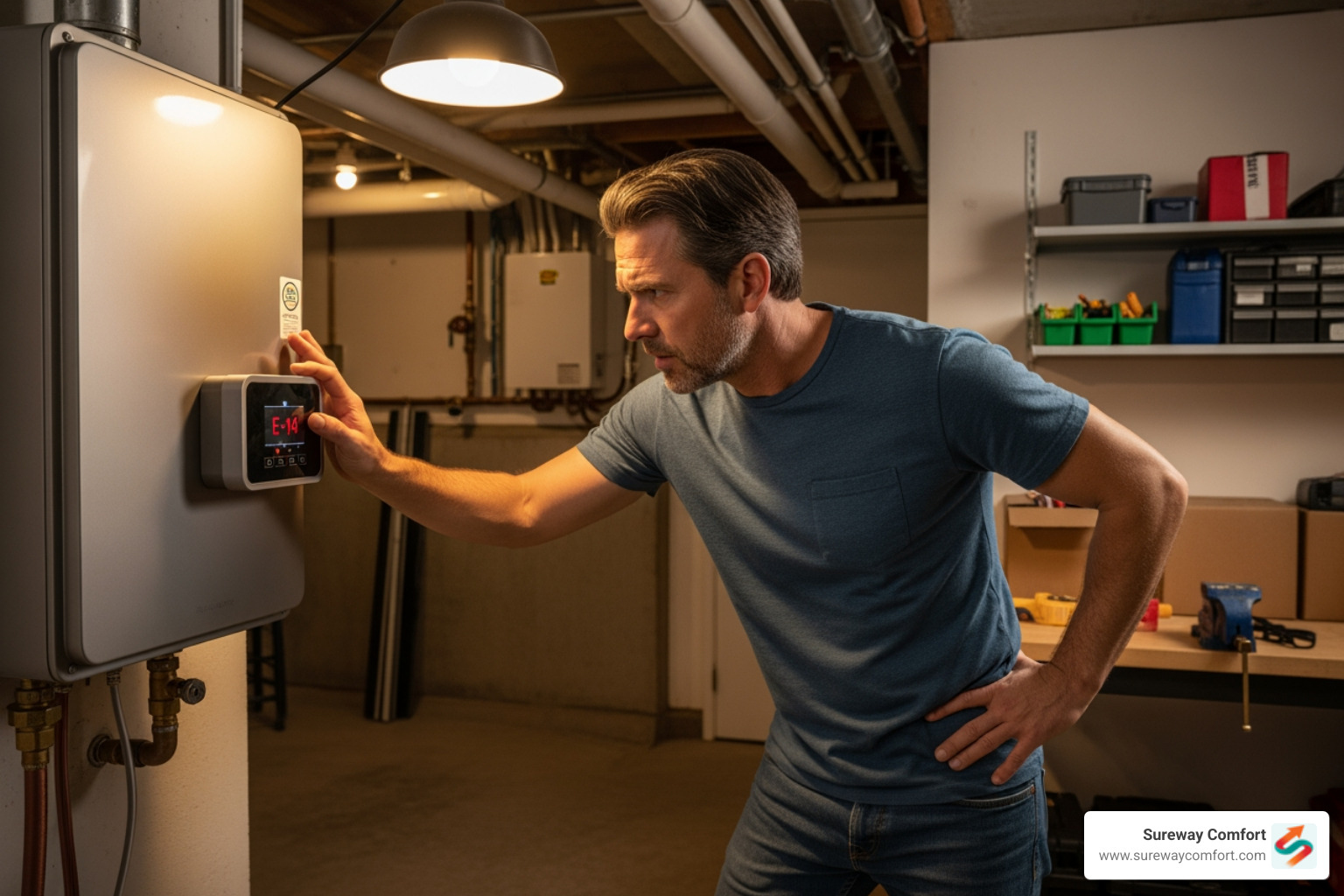 homeowner looking concerned at a water heater display with an error code - Tankless Water Heater Repair Bethel Park PA homeowner looking concerned at a water heater display with an error code - Tankless Water Heater Repair Bethel Park PA