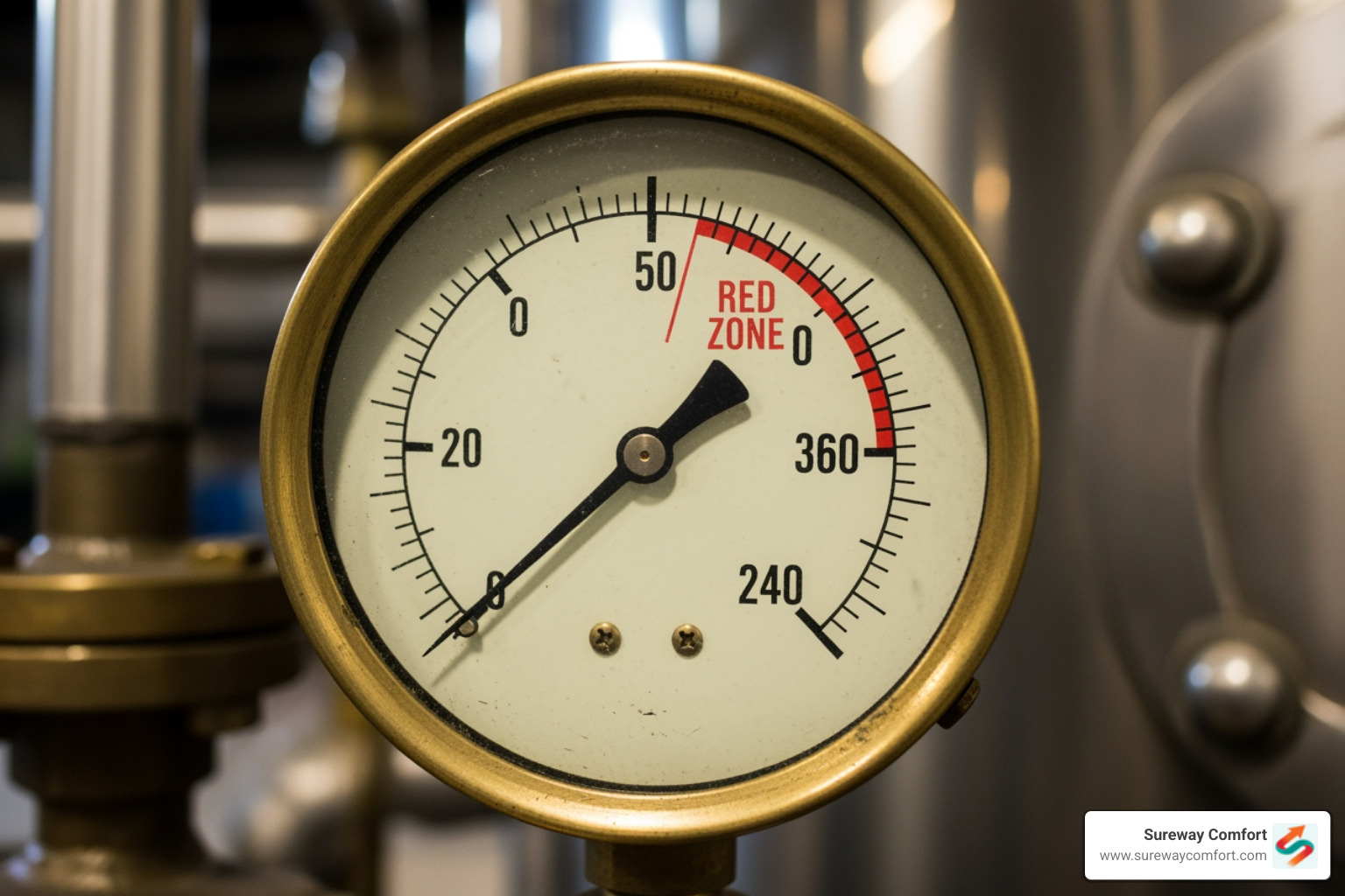 A close-up image of a boiler pressure gauge, with the needle pointing into the red zone, indicating dangerously high or low pressure. - Seasonal Boiler Maintenance Bridgeville PA