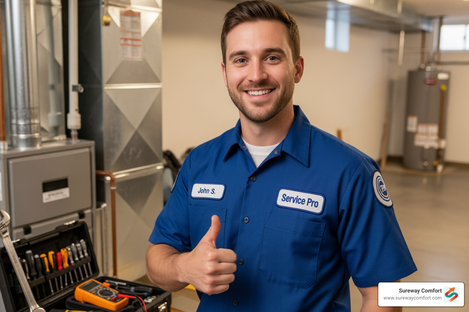 A friendly, uniformed HVAC technician smiling and giving a thumbs-up, indicating satisfaction after completing a service. - Seasonal Boiler Maintenance Bridgeville PA