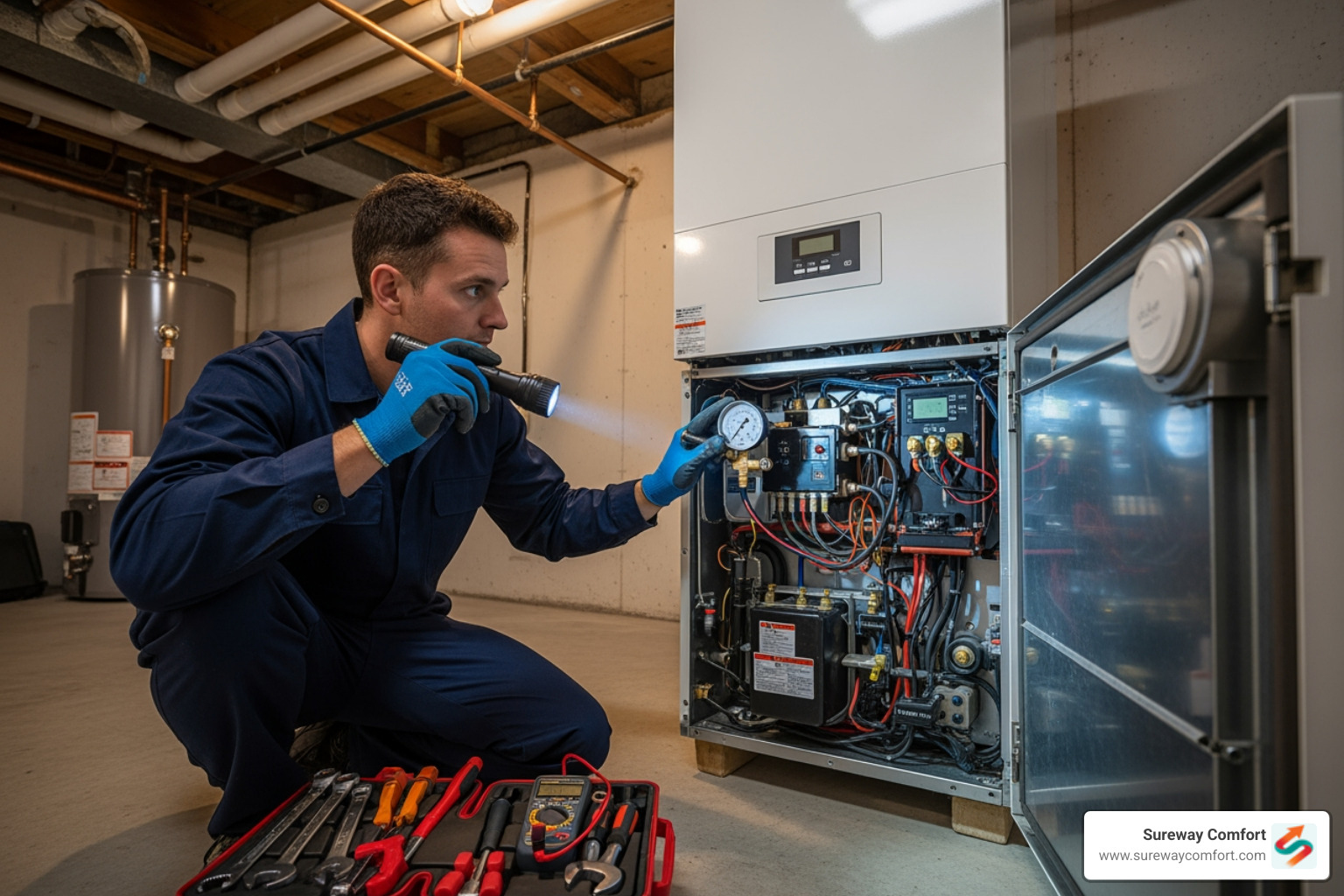 An HVAC technician wearing gloves and using a flashlight to carefully inspect the internal components of a residential boiler. - Seasonal Boiler Maintenance Bridgeville PA