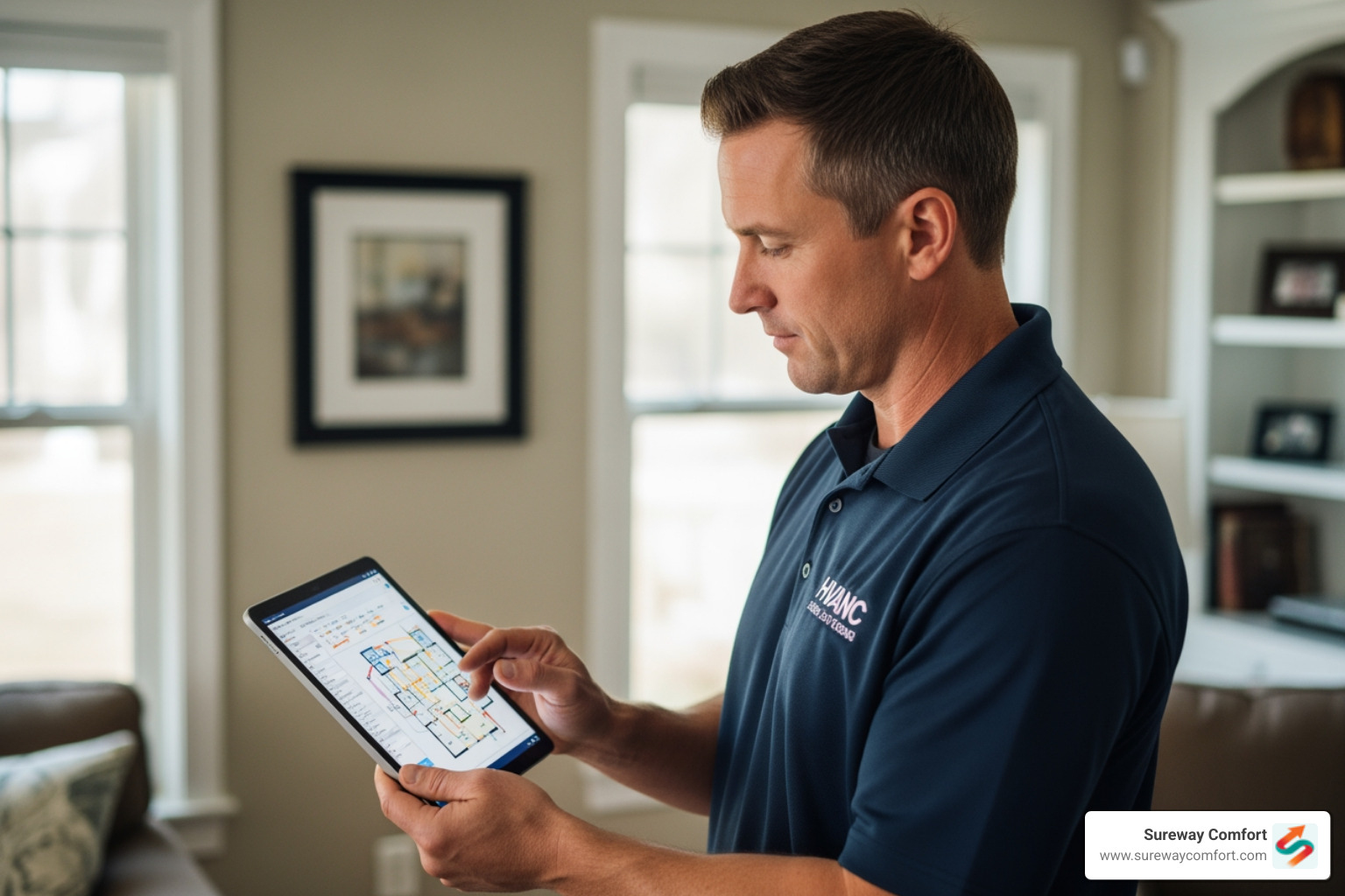 Technician performing a load calculation on a tablet - AC installation cost Technician performing a load calculation on a tablet - AC installation cost