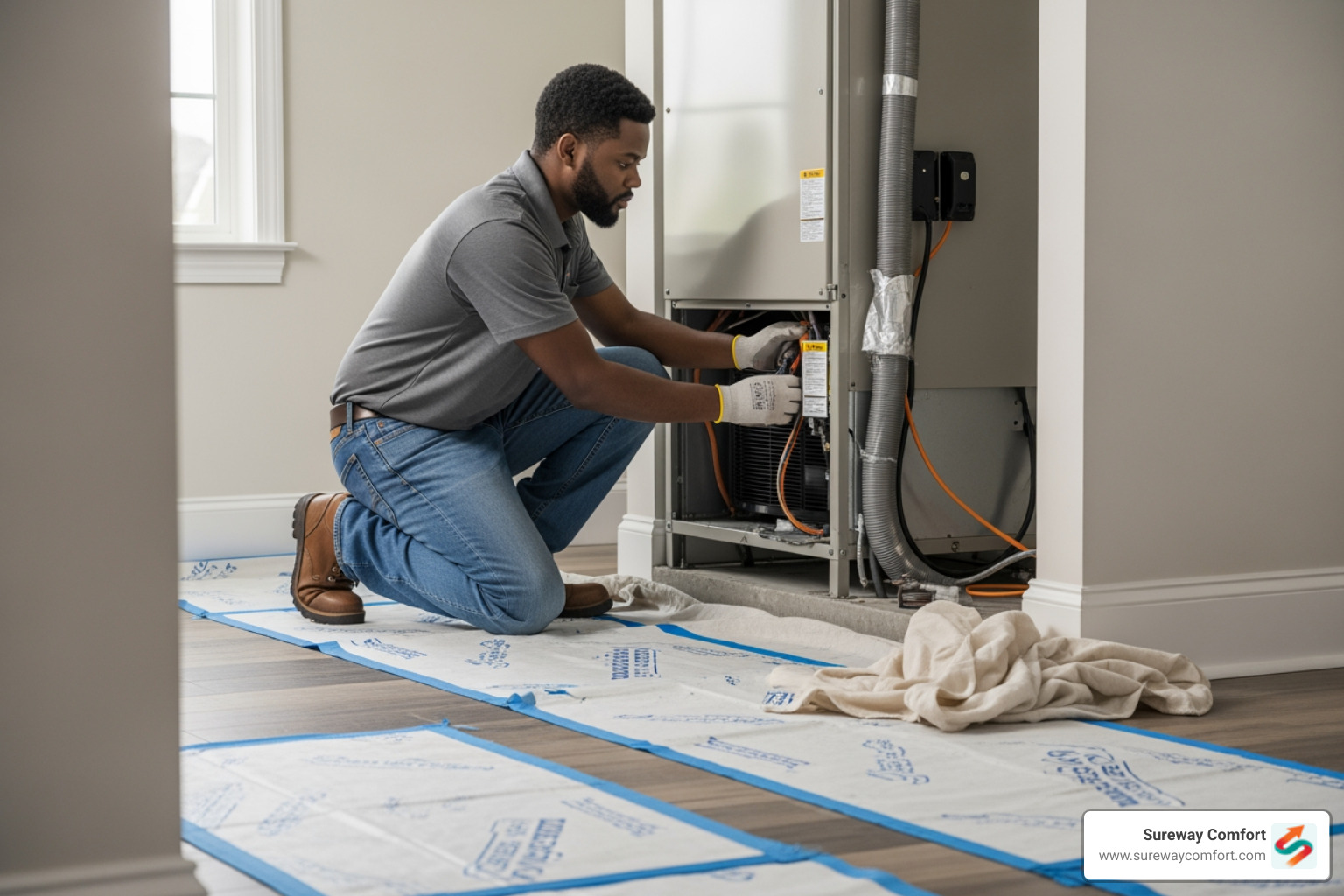 Clean and professional installation in progress, with drop cloths on the floor - AC installation cost Clean and professional installation in progress, with drop cloths on the floor - AC installation cost