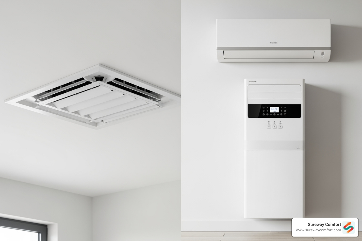 Split-screen view of a central AC vent and a wall-mounted ductless unit - AC installation cost Split-screen view of a central AC vent and a wall-mounted ductless unit - AC installation cost