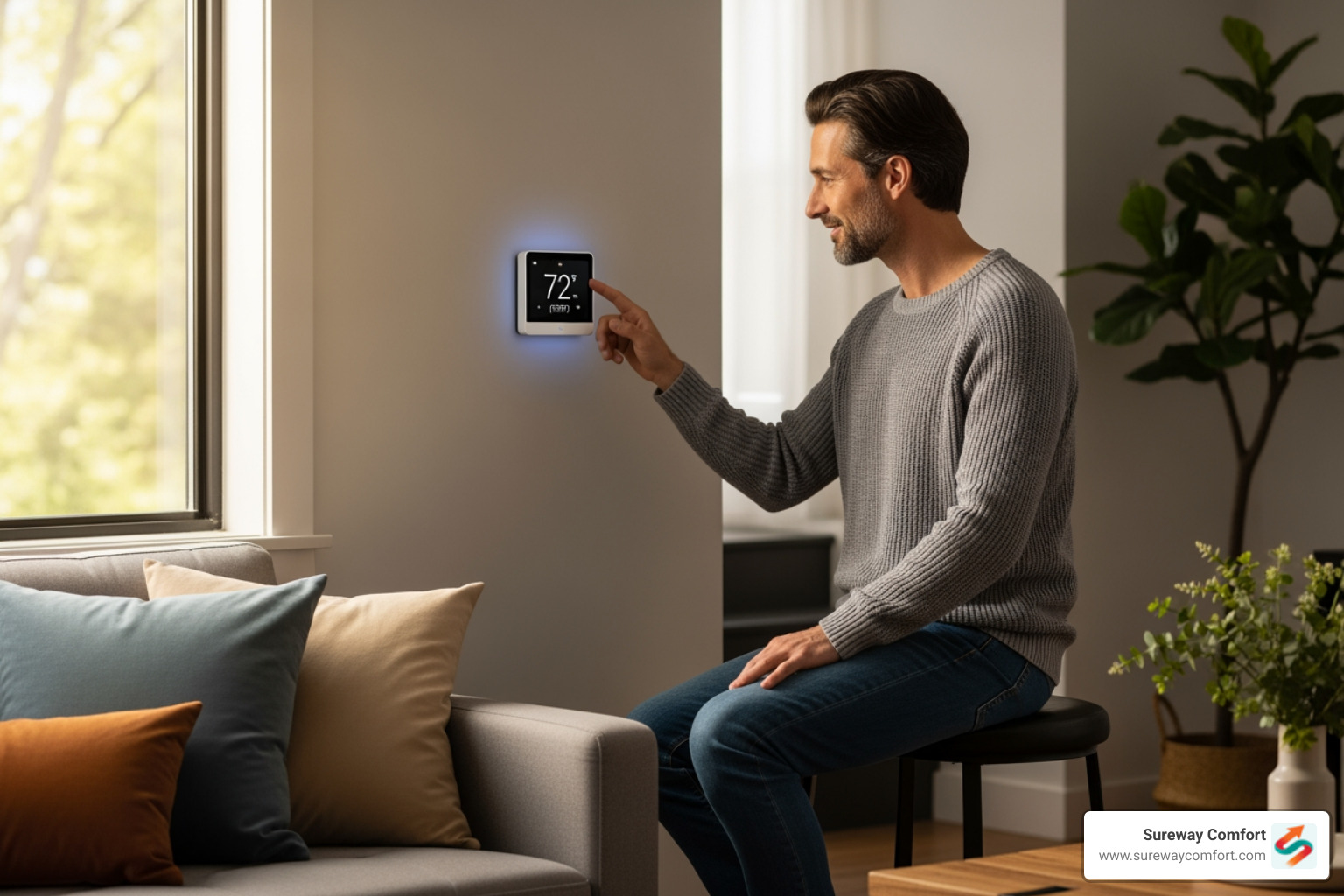 Homeowner checking their smart thermostat - AC installation cost Homeowner checking their smart thermostat - AC installation cost