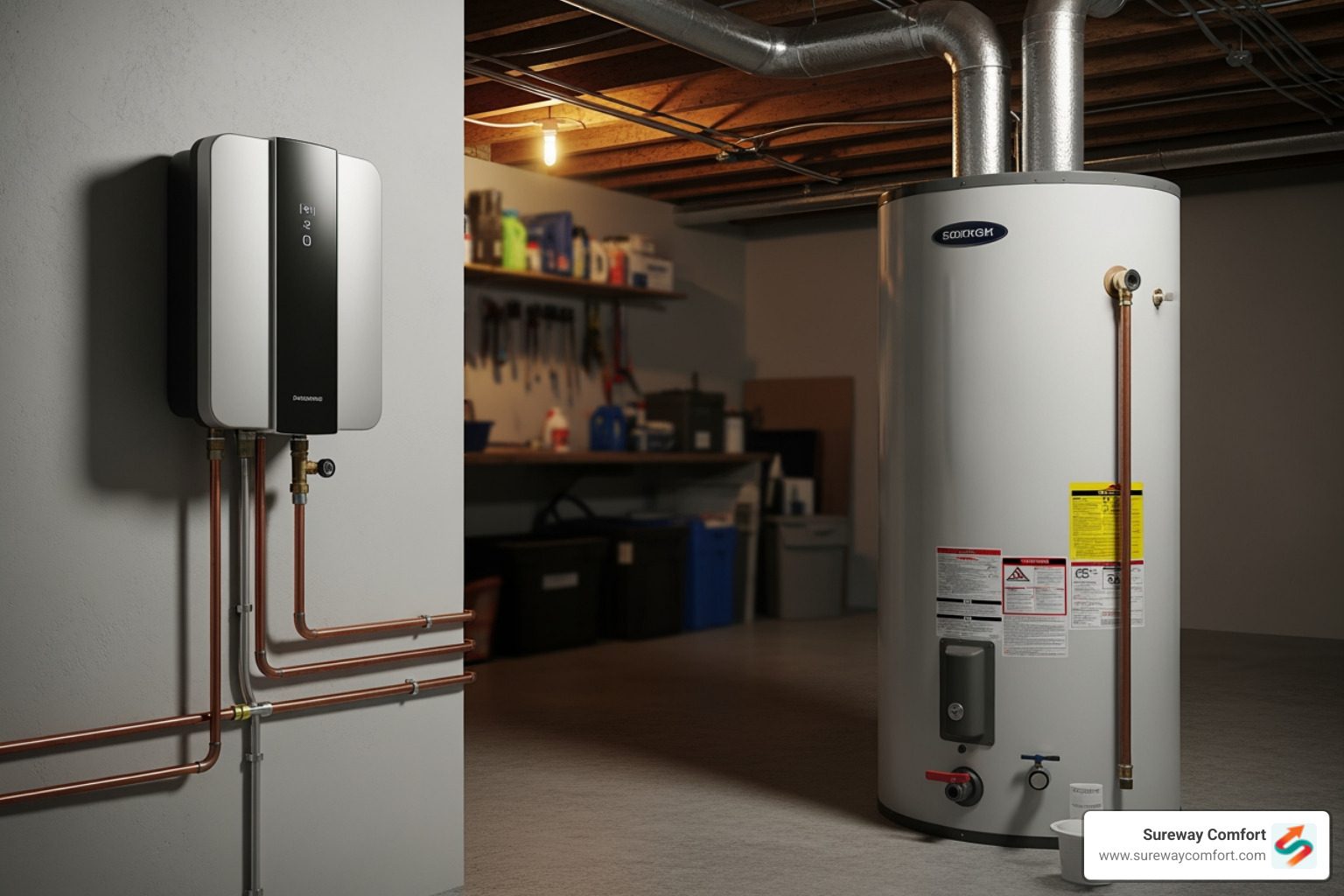 image of a compact tankless water heater mounted on a wall next to a large, bulky traditional water heater tank - Tankless Water Heater Service Bethel Park PA image of a compact tankless water heater mounted on a wall next to a large, bulky traditional water heater tank - Tankless Water Heater Service Bethel Park PA