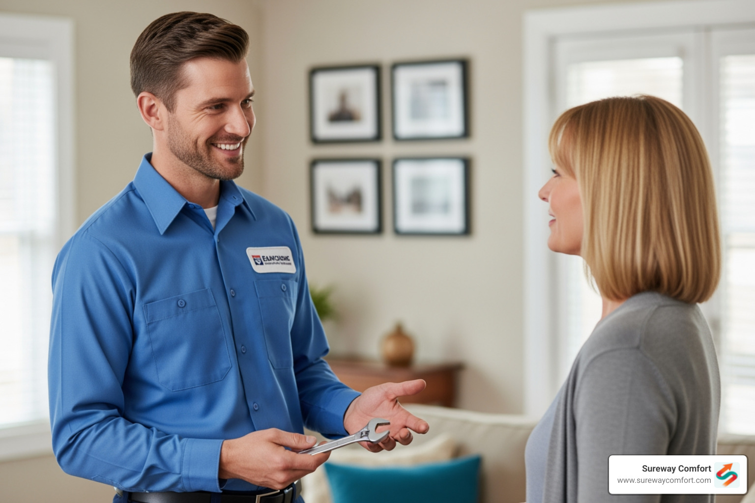 image of a friendly plumber in uniform speaking with a homeowner - Tankless Water Heater Service Bethel Park PA image of a friendly plumber in uniform speaking with a homeowner - Tankless Water Heater Service Bethel Park PA