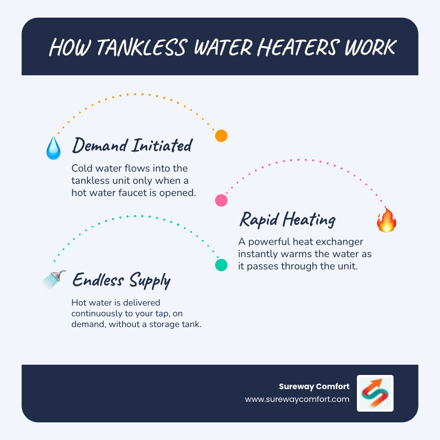 Infographic showing how tankless water heaters work: cold water enters the unit, flows through a heat exchanger activated by water flow, and delivers endless hot water on demand without storing it in a tank - Tankless Water Heater Service Bethel Park PA infographic infographic-line-3-steps-blues-accent_colors Infographic showing how tankless water heaters work: cold water enters the unit, flows through a heat exchanger activated by water flow, and delivers endless hot water on demand without storing it in a tank - Tankless Water Heater Service Bethel Park PA infographic infographic-line-3-steps-blues-accent_colors