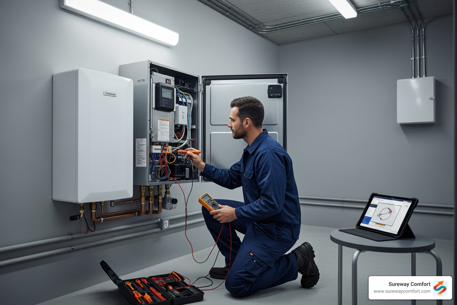 a technician performing a diagnostic check on a tankless water heater - Hot Water On Demand Repair Bethel Park PA a technician performing a diagnostic check on a tankless water heater - Hot Water On Demand Repair Bethel Park PA
