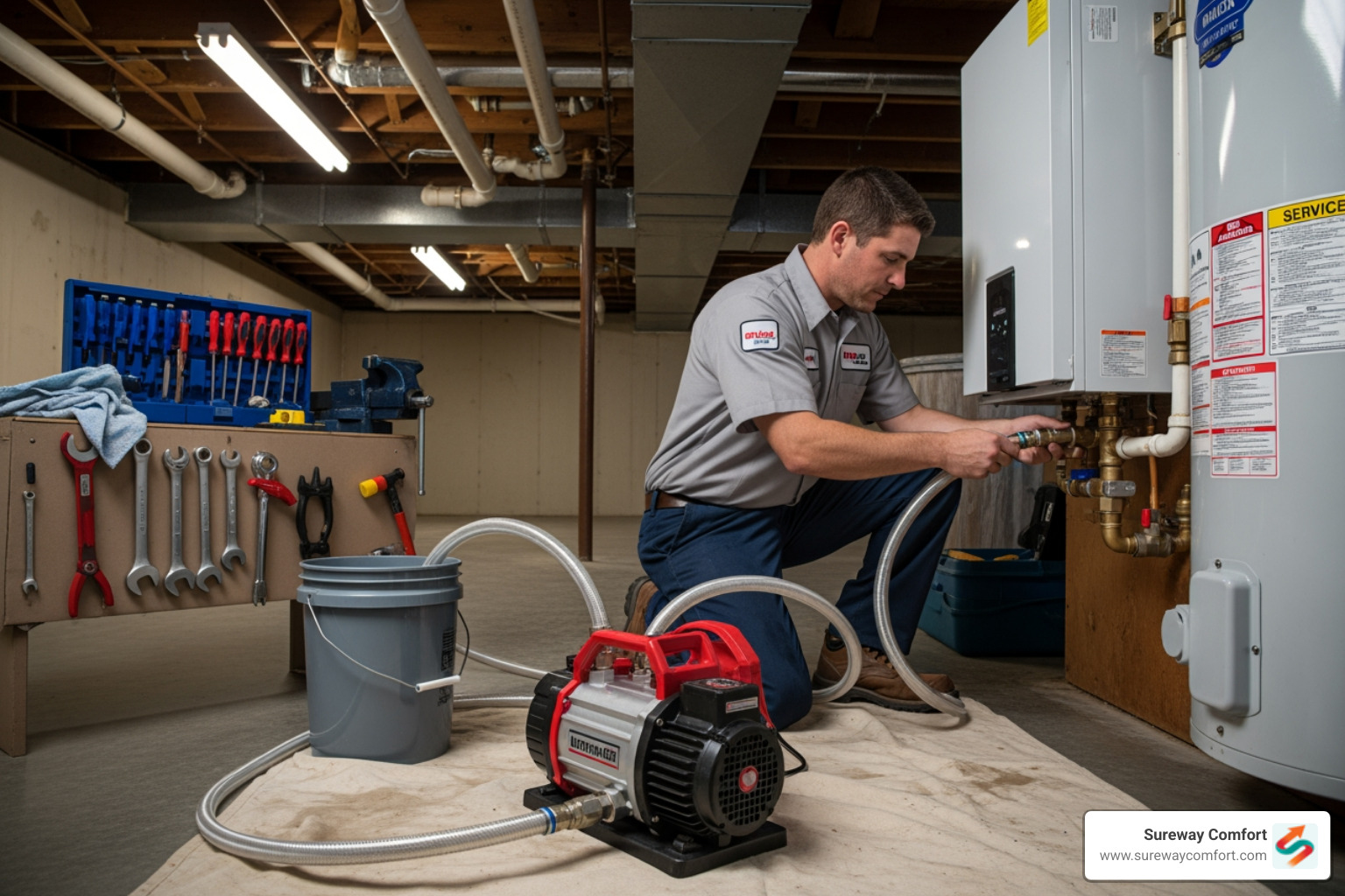 Technician using specialized pump to flush a tankless water heater - Residential Tankless Service Bethel Park PA Technician using specialized pump to flush a tankless water heater - Residential Tankless Service Bethel Park PA