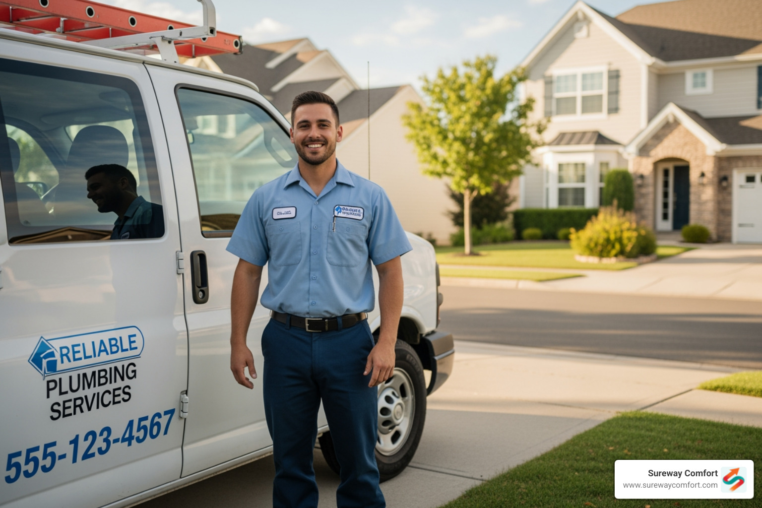 Friendly technician smiling by a service vehicle - Residential Tankless Service Bethel Park PA Friendly technician smiling by a service vehicle - Residential Tankless Service Bethel Park PA