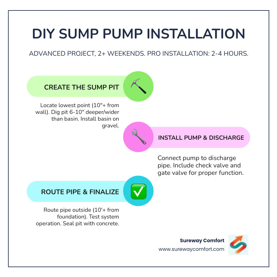 step-by-step infographic showing sump pump installation process from digging the pit through testing the final system, including cross-section view of how the pump sits in the basin with discharge pipe routing - install basement sump pump infographic infographic-line-3-steps-colors step-by-step infographic showing sump pump installation process from digging the pit through testing the final system, including cross-section view of how the pump sits in the basin with discharge pipe routing - install basement sump pump infographic infographic-line-3-steps-colors
