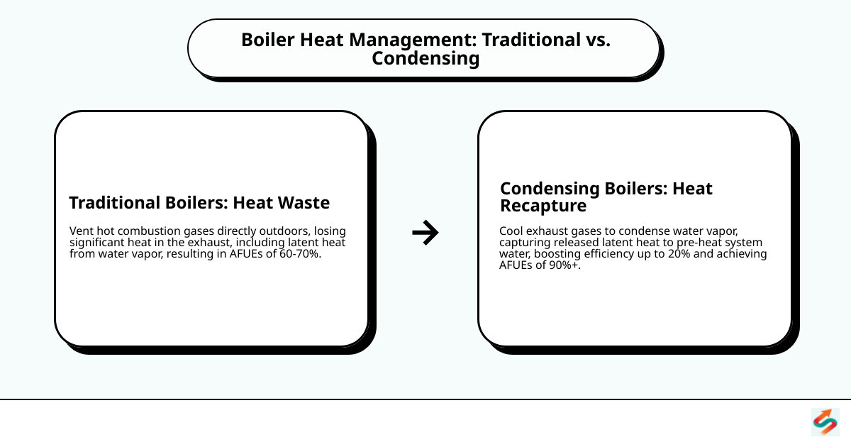 Infographic comparing how a traditional boiler wastes heat vs. how a condensing boiler recaptures it - high-efficiency boiler installation bridgeville pa infographic cause_effect_text Infographic comparing how a traditional boiler wastes heat vs. how a condensing boiler recaptures it - high-efficiency boiler installation bridgeville pa infographic cause_effect_text