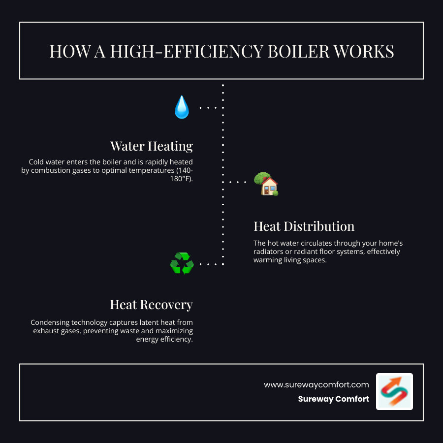 Infographic showing how a high-efficiency boiler works: cold water enters the system, passes through a heat exchanger where combustion gases heat the water to 140-180°F, hot water circulates through radiators or radiant floor systems to warm the home, condensing technology captures exhaust heat before venting, and the cycle repeats for consistent comfort - high-efficiency boiler installation bridgeville pa infographic infographic-line-3-steps-dark Infographic showing how a high-efficiency boiler works: cold water enters the system, passes through a heat exchanger where combustion gases heat the water to 140-180°F, hot water circulates through radiators or radiant floor systems to warm the home, condensing technology captures exhaust heat before venting, and the cycle repeats for consistent comfort - high-efficiency boiler installation bridgeville pa infographic infographic-line-3-steps-dark