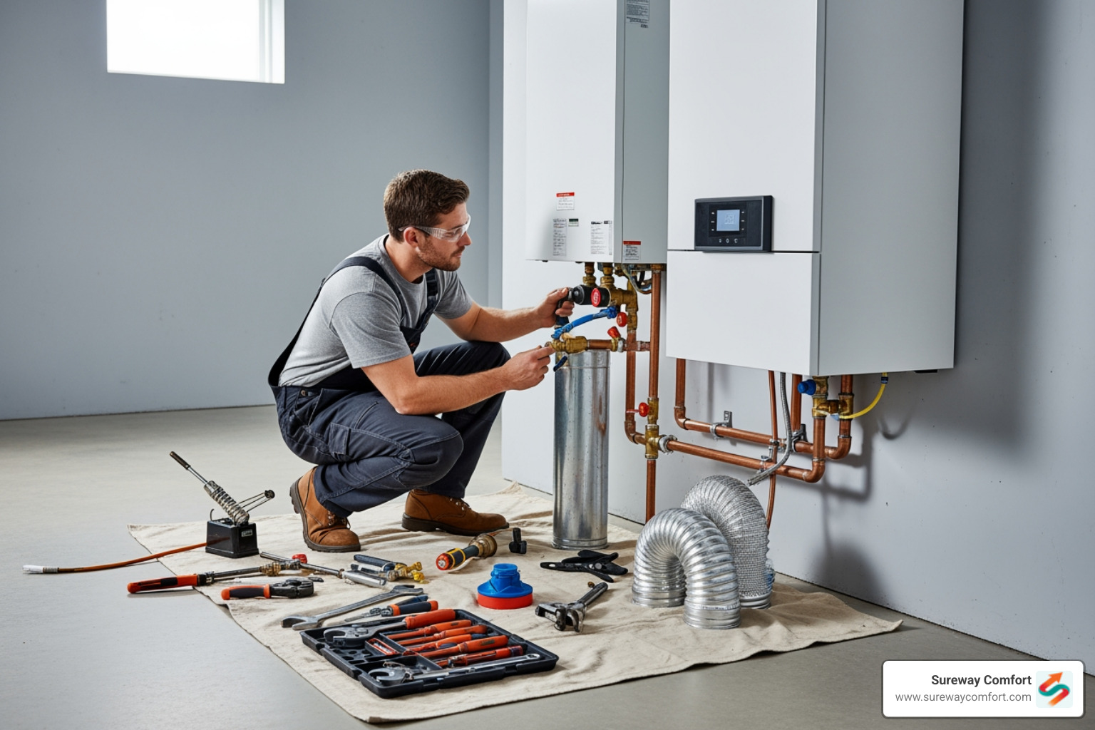 Professional technician carefully installing a new boiler - high-efficiency boiler installation bridgeville pa Professional technician carefully installing a new boiler - high-efficiency boiler installation bridgeville pa