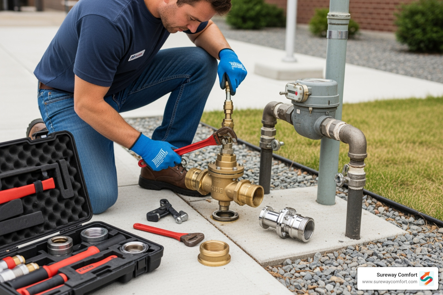 Infographic showing how contaminated water can flow backward into clean supply lines during pressure drops, and how a backflow preventer uses check valves and relief mechanisms to block reverse flow and protect drinking water from chemicals, sewage, and other hazards - backflow replacement cost