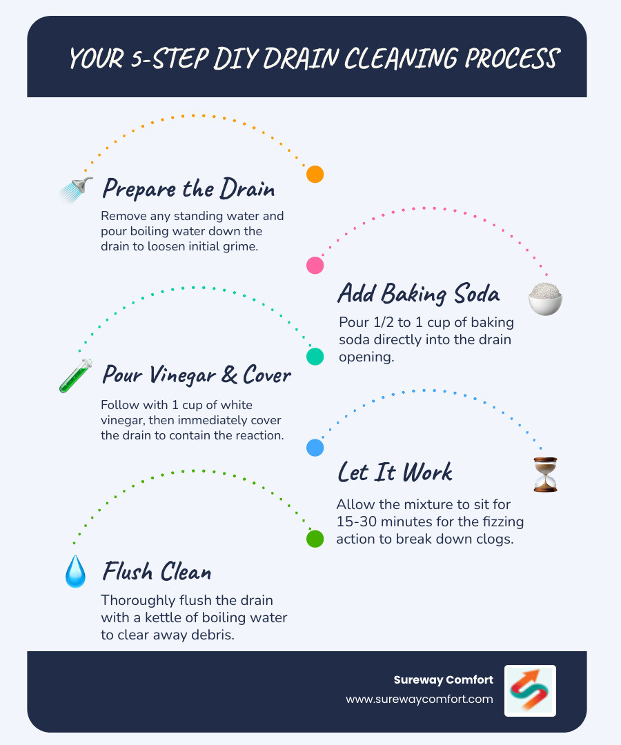 infographic showing the 5-step process: 1) Remove standing water and pour boiling water down drain, 2) Add half cup baking soda, 3) Pour one cup vinegar and cover drain, 4) Wait 15-30 minutes for fizzing reaction, 5) Flush with boiling water - cleaning drains with baking soda and vinegar infographic infographic-line-5-steps-blues-accent_colors infographic showing the 5-step process: 1) Remove standing water and pour boiling water down drain, 2) Add half cup baking soda, 3) Pour one cup vinegar and cover drain, 4) Wait 15-30 minutes for fizzing reaction, 5) Flush with boiling water - cleaning drains with baking soda and vinegar infographic infographic-line-5-steps-blues-accent_colors