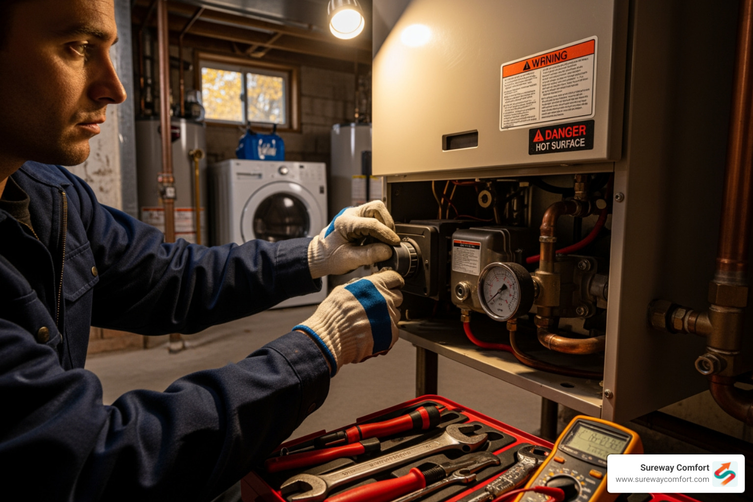 infographic showing five warning signs a boiler needs repair: unusual clanging or banging noises, water leaks around the unit, inconsistent temperatures or no heat, pilot light problems or frequent cycling, and strange metallic or gas-like odors - boiler repair in bridgeville pa