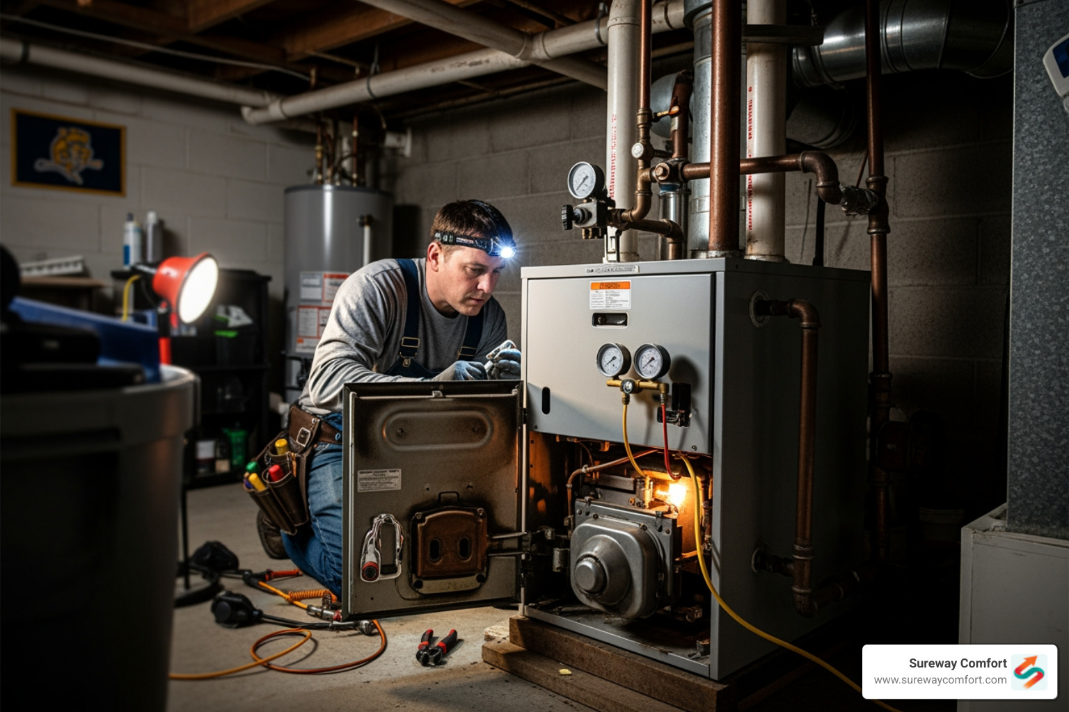 Infographic showing the top 5 warning signs of a boiler emergency: no heat or hot water with thermostat calling for heat, loud banging or kettling sounds from the unit, visible water leaks or puddles around the boiler, strong gas or sulfur odor near the system, and pilot light that won't stay lit or system pressure below 12 psi - emergency boiler repair in bethel park, pa