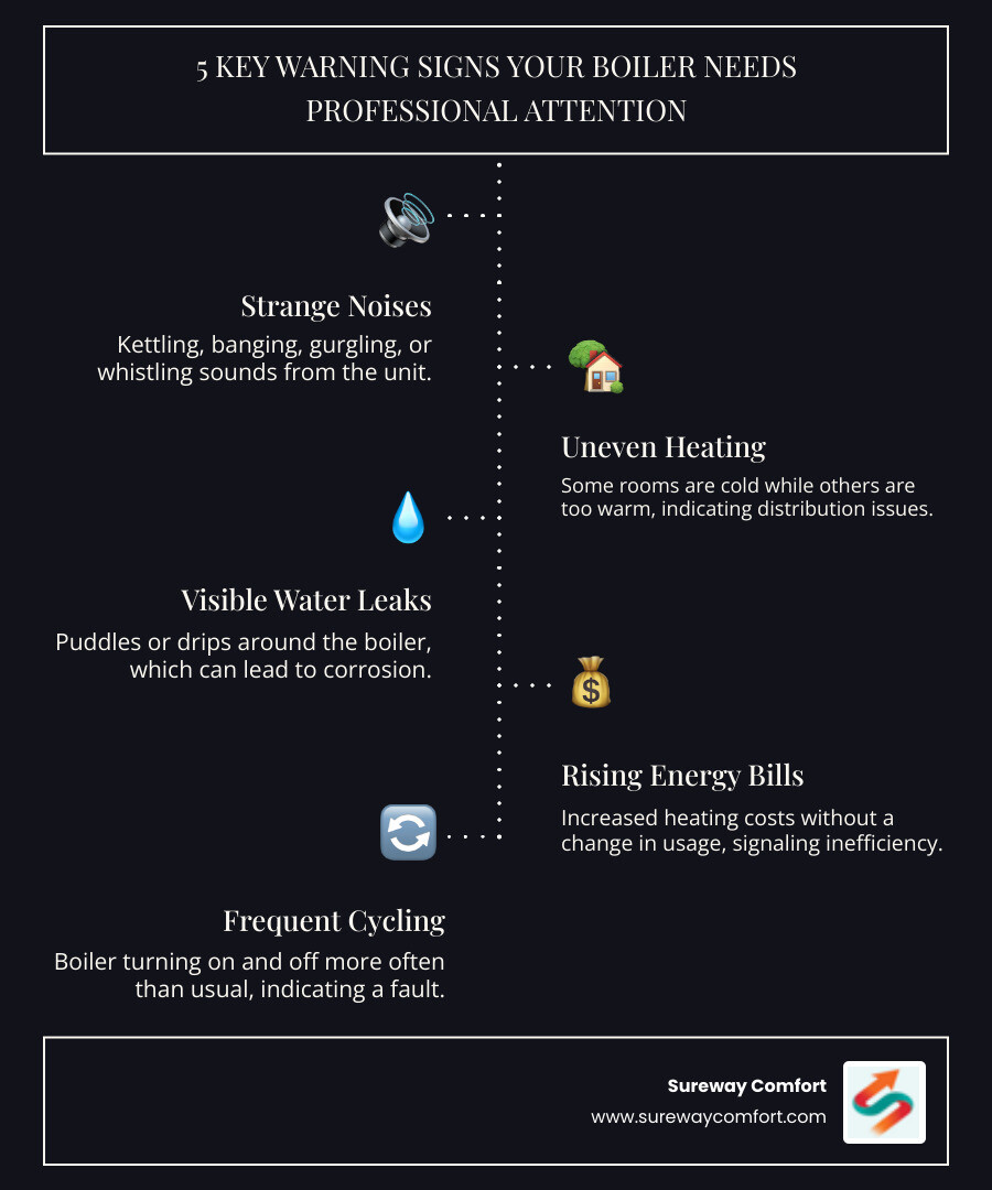 Infographic showing 5 key warning signs your boiler needs professional attention: strange noises like kettling or banging, uneven heating throughout the home, visible water leaks around the unit, rising energy bills without increased usage, and frequent cycling on and off - best boiler repair in bethel park, pa infographic infographic-line-5-steps-dark