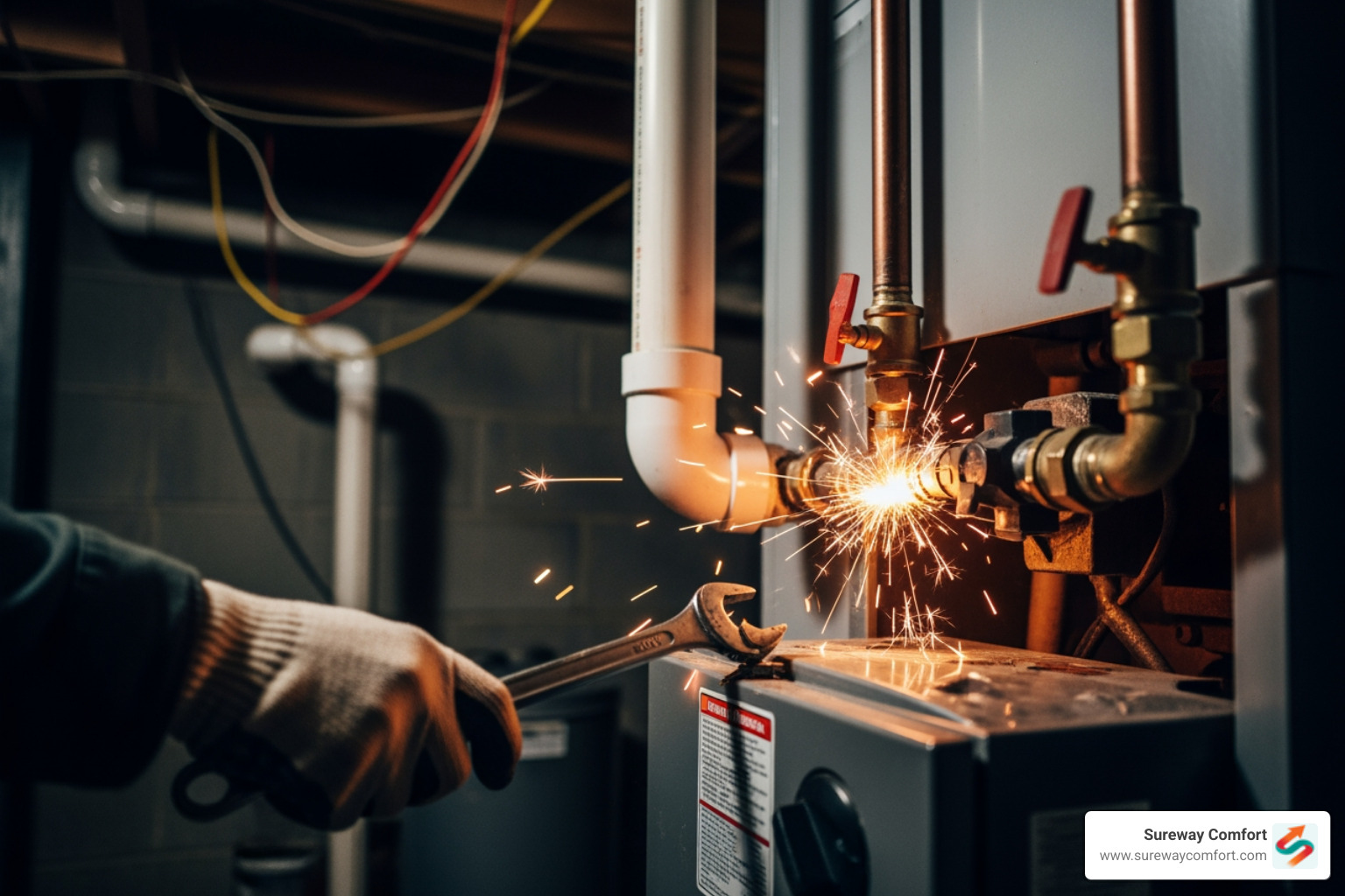 Infographic showing 5 critical warning signs your boiler needs emergency repair: 1. No heat or hot water despite thermostat being on, 2. Strange noises like banging, gurgling, or whistling, 3. Water pooling around the boiler base, 4. Foul odors or visible soot near the unit, 5. Pilot light frequently going out or turning yellow - emergency boiler repair in bridgeville, pa